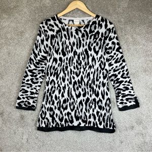 Chico’s Sweater Womens 0 Black White Animal Print Cotton Blend Pullover- 9195*